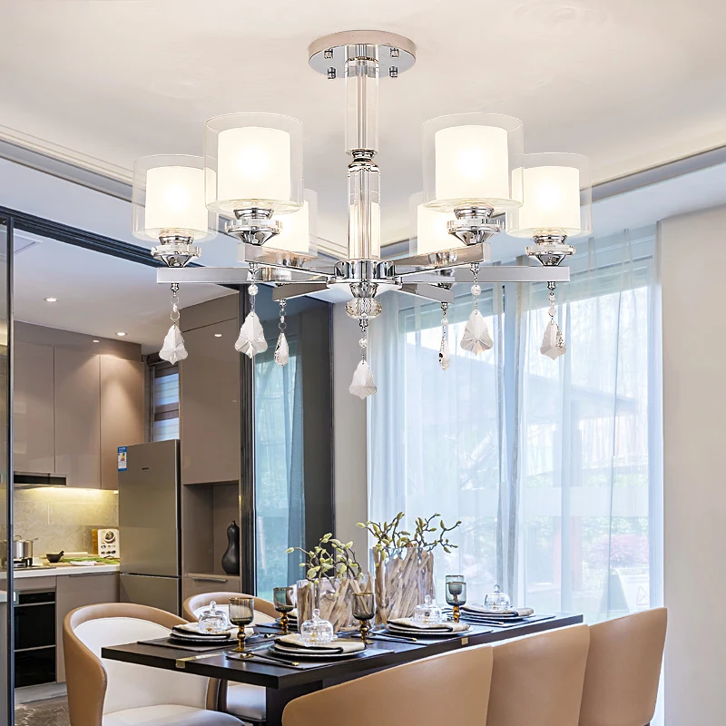 Candelabros LED de cristal de lujo para sala de estar, lámpara colgante de Metal de Color cromado con tonos de cristal dobles, accesorio moderno
