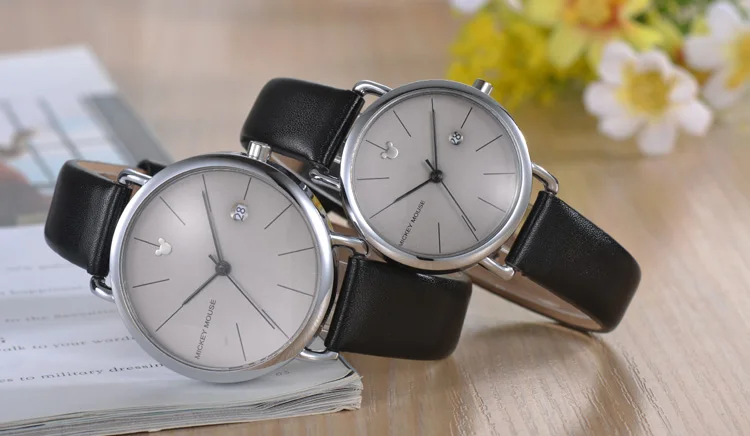 Disney бренд новые детские часы мужские часы модные крутые простые наручные часы для мальчиков и девочек любителей Микки Маус подарок кожаные часы - Цвет: lovers -black silver