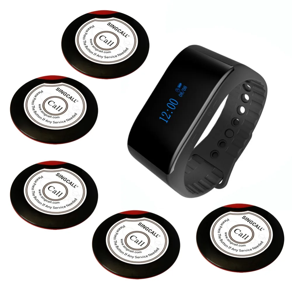 SINGCALL wireless restaurant service calling system pager coaster 1 new bracelet watch and 5 ultrathin single call buttons SINGCALL wireless restaurant service calling system pager coaster 1 new bracelet watch and 5 ultrathin single call buttons