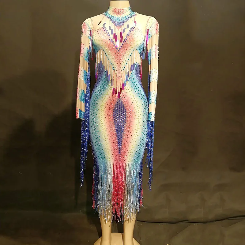 

Rhinestones Female Tassel Multicolour Sequins One Piece Dress Sexy Singer Dancer Nightclub Party Costumes Prom Stage Wears DJ DS