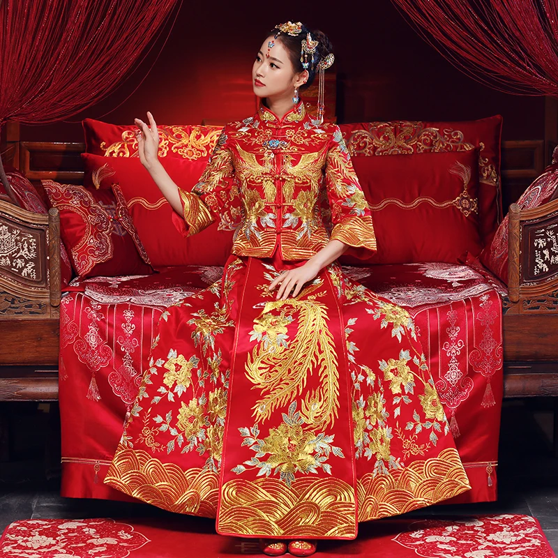 

Plus Size chinese style bride Embroidery cheongsam wedding ceremony Dresses costume evening dress slim Phoenix Qipao clothing