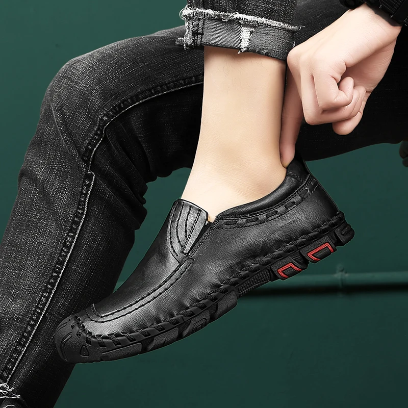 

Men Casual Shoes outdoor Loafers Men Shoes high Quality genuine Leather Shoes handmade sewing Men Flats Moccasins Shoes L5