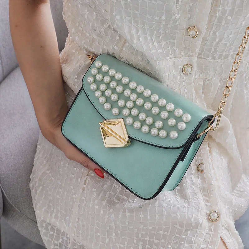 

Elegant Pearl Women Flap Bag PU Leather New Designer Female Messenger Bags 2019 Summer Square Ladies Cross Bady Shoulder Bag Sac