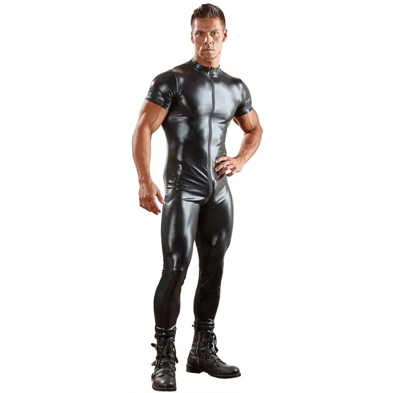 

New 2019 Patent Leather Zipper Sexy Lingerie for Men Singlet Lingerie Bodysuit Nightclub Stages Performance Short