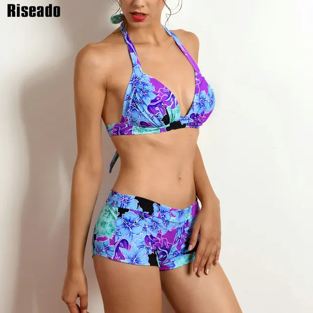 Cheap Riseado New Vintage Printing Bikini Set Push Up Swimsuit Shorts Swimwear Women Beachwear Halter Bikinis Bathing Suits