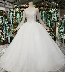 Простая белая бальное платье свадебное платье с круглым вырезом одежда с длинным рукавом свадебное платье невесты Бисер для платья vestido de
