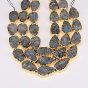 

20x30mm 11pcs strand Flat Teardrop Flash Labradorite Loose Beads Beading Jewelry,Natural Stones Plated Gold Edge for Bracelet