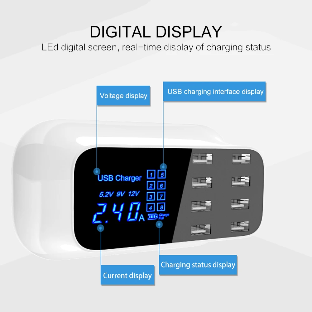 

8 Port Smart USB Charger Adapter Station Hub Led Display Mobile Phone For US UK EU PlugTablet Wall Charger Desktop Power Socket