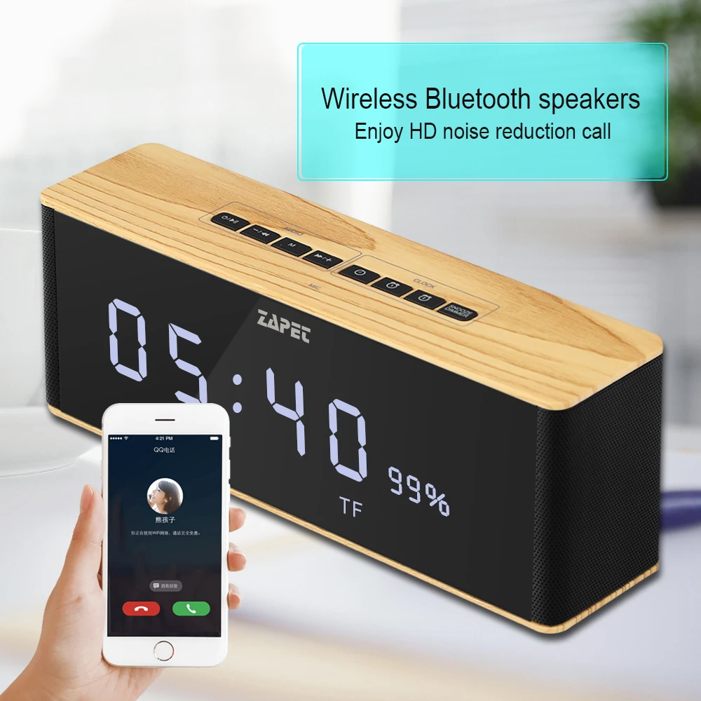ZAPET Speaker Portable Bluetooth Speaker Wireless Stereo Music Soundbox with LED Time Display Clock Alarm Loudspeaker