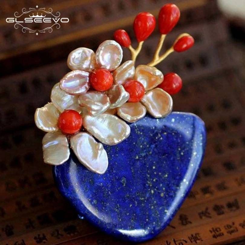 

GLSEEVO Natural Fresh Water Baroque Pearl Lapis Lazuli Flower Brooches For Women Pendant Dual Use Fine Jewelry GO0052