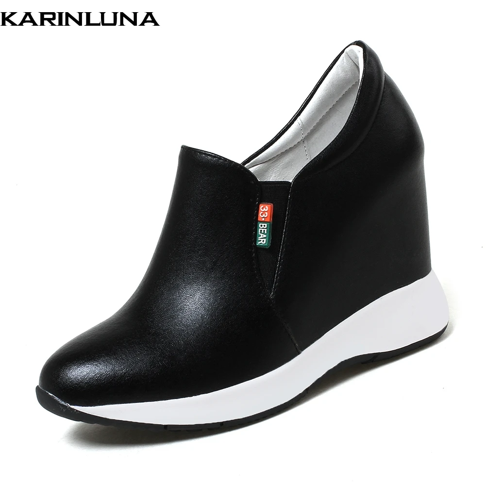 

KARINLUNA 2018 Large Size 32-40 Cow Leather Elastic Band High Heels Platform Hot Sale Vulcanize Shoes Woman Sneaker Shoes
