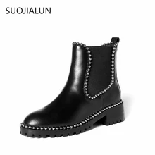 2017 Fashion Women Ankle Boots Med Square Heel Women Shoes Genuine Leather Retro Rivets Chelsea Boots British Style Casual Black