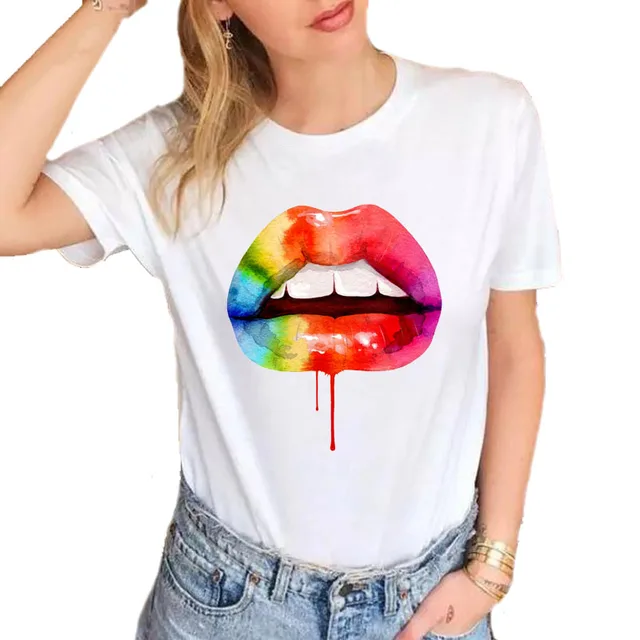 Summer Fashion Watercolor Rainbow lips female T-shirt Women Cool harajuku Printed T Shirts Soft Cotton Casual White Tops