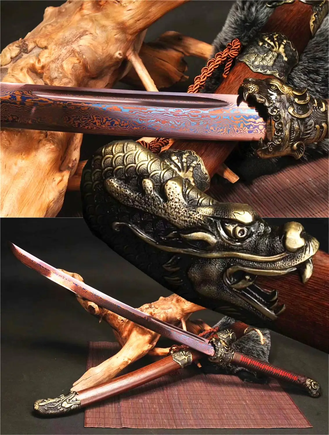 Для китайского кунг-фу Broadsword Dragon/Tiger Da Dao Sword Saber острый сложенный синий/красный дамасский стальной нож ручной работы боевой нож