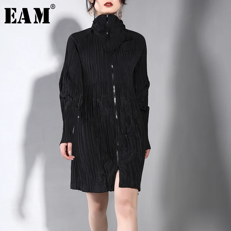 

[EAM] 2019 New Autumn Winter Lapel Long Sleeve Black High Elastic Pleated Loose Big Size Jacket Women Coat Fashion Tide JG93