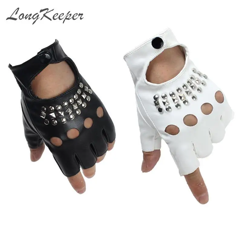 Fashion Half Finger Gloves Women PU Leather Fingerless Driving Gloves Rivet Hollow Dancing Guante For Men Black white Luvas