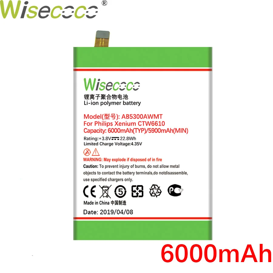 

Wisecoco AB5300AWMT 6000mAh New Powerful Battery For PHILIPS CTW6610 W6610 CTW6618 W6618 Phone Battery Replace + Tracking Number