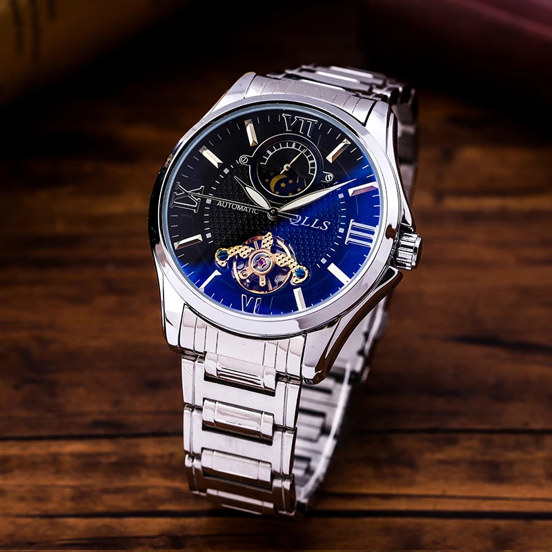 

QLLS Top Brand Men Mechanical Watch Automatic Tourbillon moon phase Fashion Luxury Stainless Steel Male Clock Relogio Masculino
