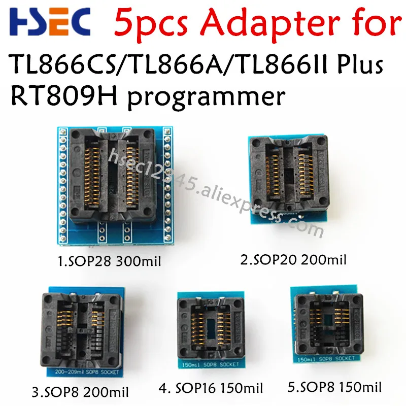

5PCS Adapters Socket Kit SOP28+SOP20+SOP16+SOP8 Adapter for TL866CS TL866A TL866II Plus EZP2010 EZP2013 RT809F RT809H Programmer