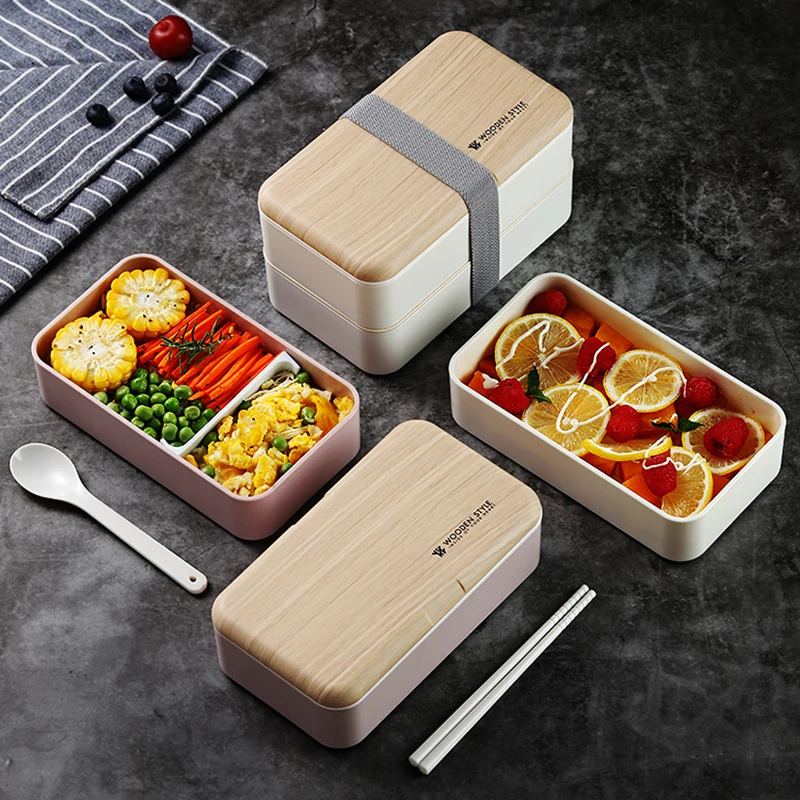 TUUTH Microwave Double Layer Lunch Box 1200ml Wooden Feeling Salad Bento  Box BPA Free Portable Container Box Workers Student