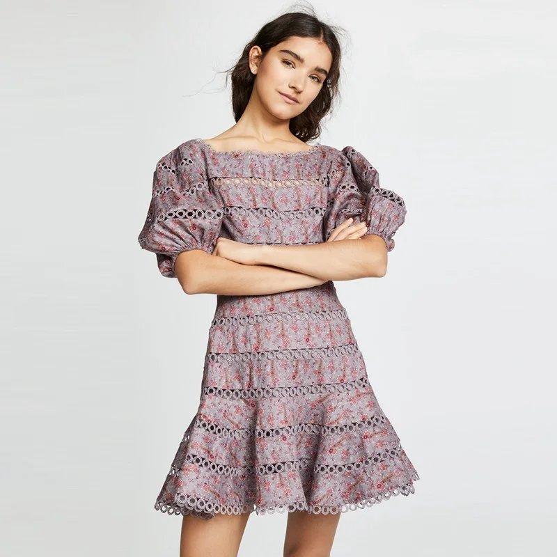 

2019 Spring Summer ZIM Designer Dress Women Vintage Floral Print Hollow Out Ruffles Mini Dress Female Party Dresses Vestido