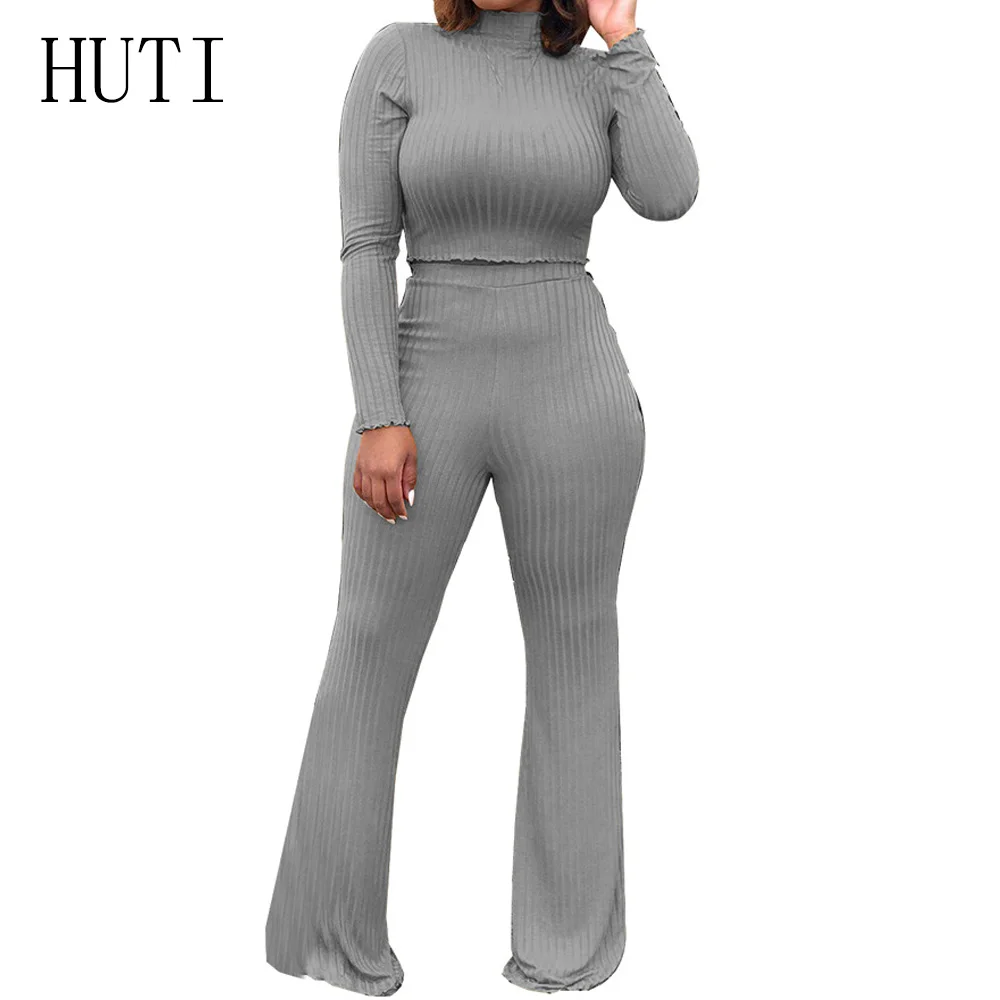 

HUTI Casual High-elastic Ribbed Knitted Two Pieces Sets Jumpsuits Long Sleeve High Neck Playsuits Women Autumn Combinaison Femme