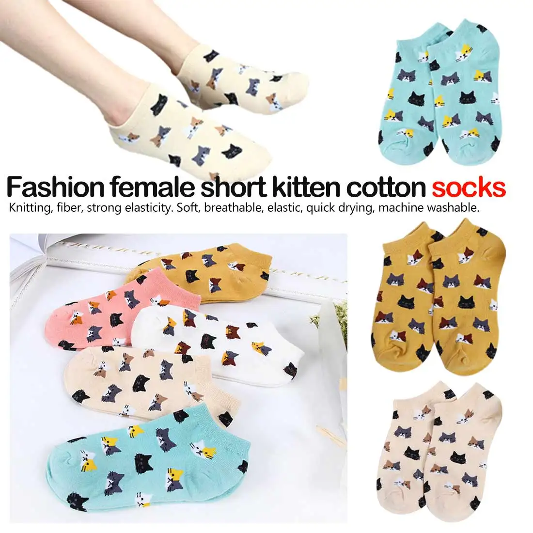 

Breathable 1 pair Cute Animal Fashion Female Short Kitten Colorful Tube Art Casual Cotton Cute Cat Socks Winter For Unisex Woman