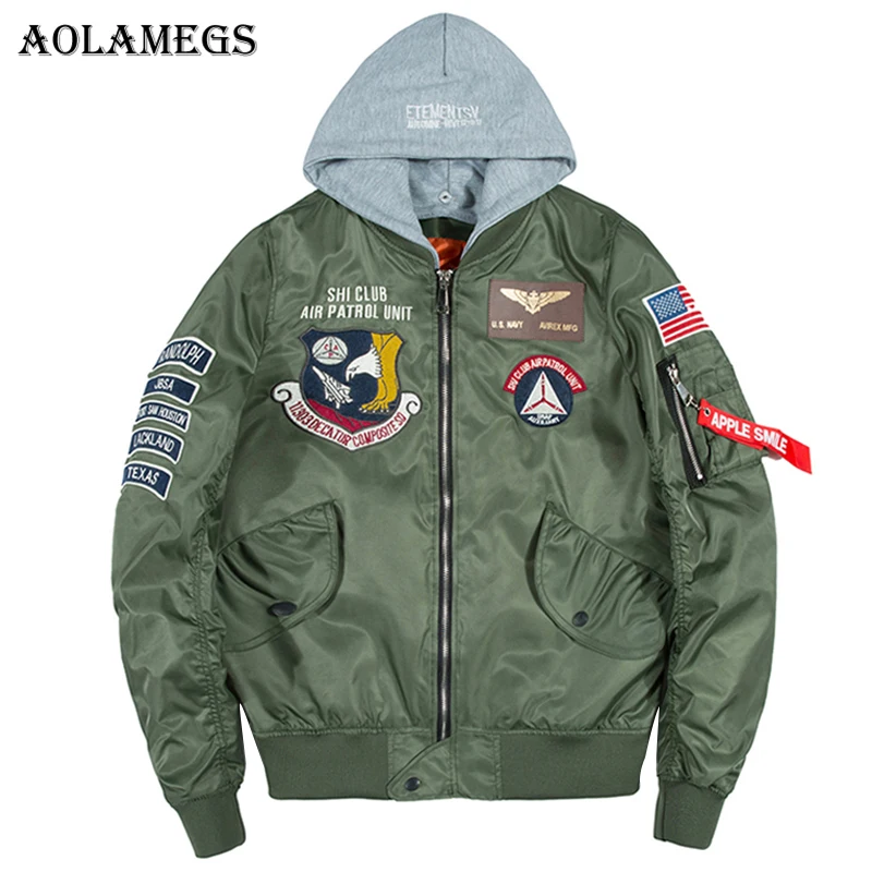 

Aolamegs Bomber Jacket Men Badge Air Pilot Hooded Thin MA-1 Men's Jacket Hip Hop Fashion Outwear Men Coat Bomb Baseball Jackets