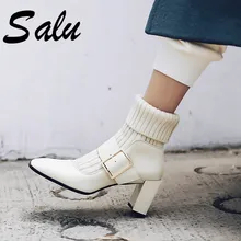 Salu/Новое поступление; сапоги из натуральной кожи; пикантные женские ботильоны на квадратном каблуке с квадратным носком; Осенняя обувь на платформе; размеры 41, 42, 43
