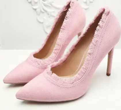 

New women denim pointed toe high heel pumps Ladies thin heel shoes Spring and autumn female dress shoes High heels SIZE34-43