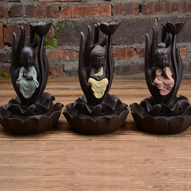 

Little Monk Small Buddha Incense Burner Smoke Backflow Incense Burner Censer Tower Home Office Teahouse Decoration 3 Color