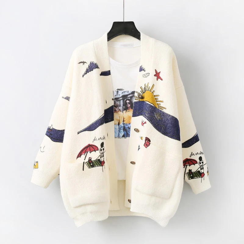 Модный вязаный женский кардиган, весна-осень, новинка, корейский стиль, Свободный Прямой свитер с принтом, небольшой свежий свитер с рисунком, пальто