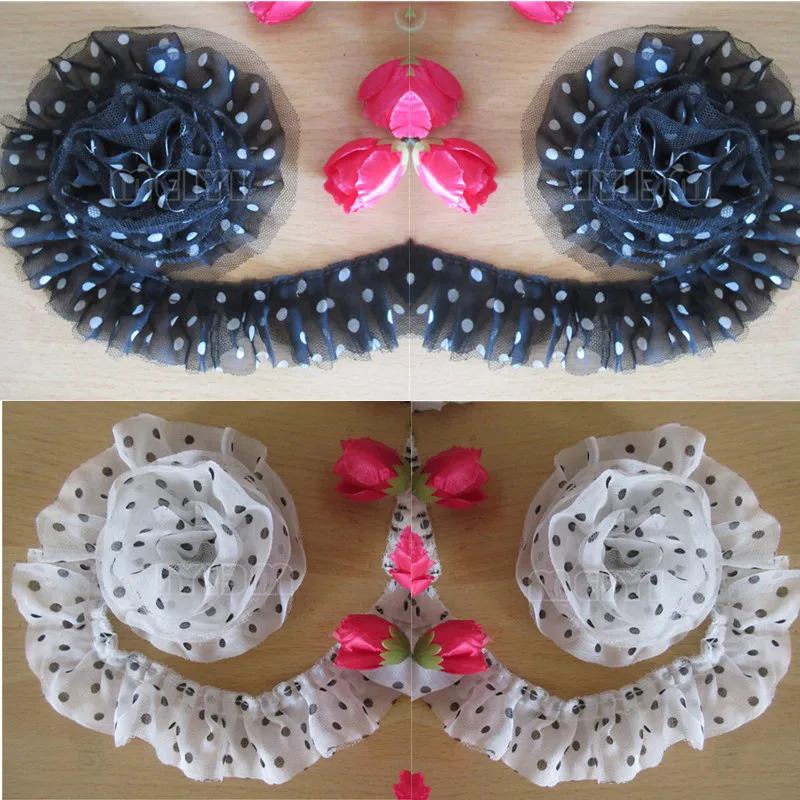 

3Meter 45mm Pleated Chiffon Gather Mesh Dot Lace Edge Trim Ribbon Fabric Embroidered Applique Sewing Craft Wedding Dress Clothes