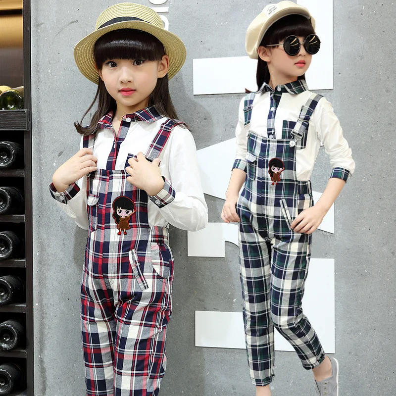 autumn fashion girls overalls set Korean children pants Plaid suit clothing