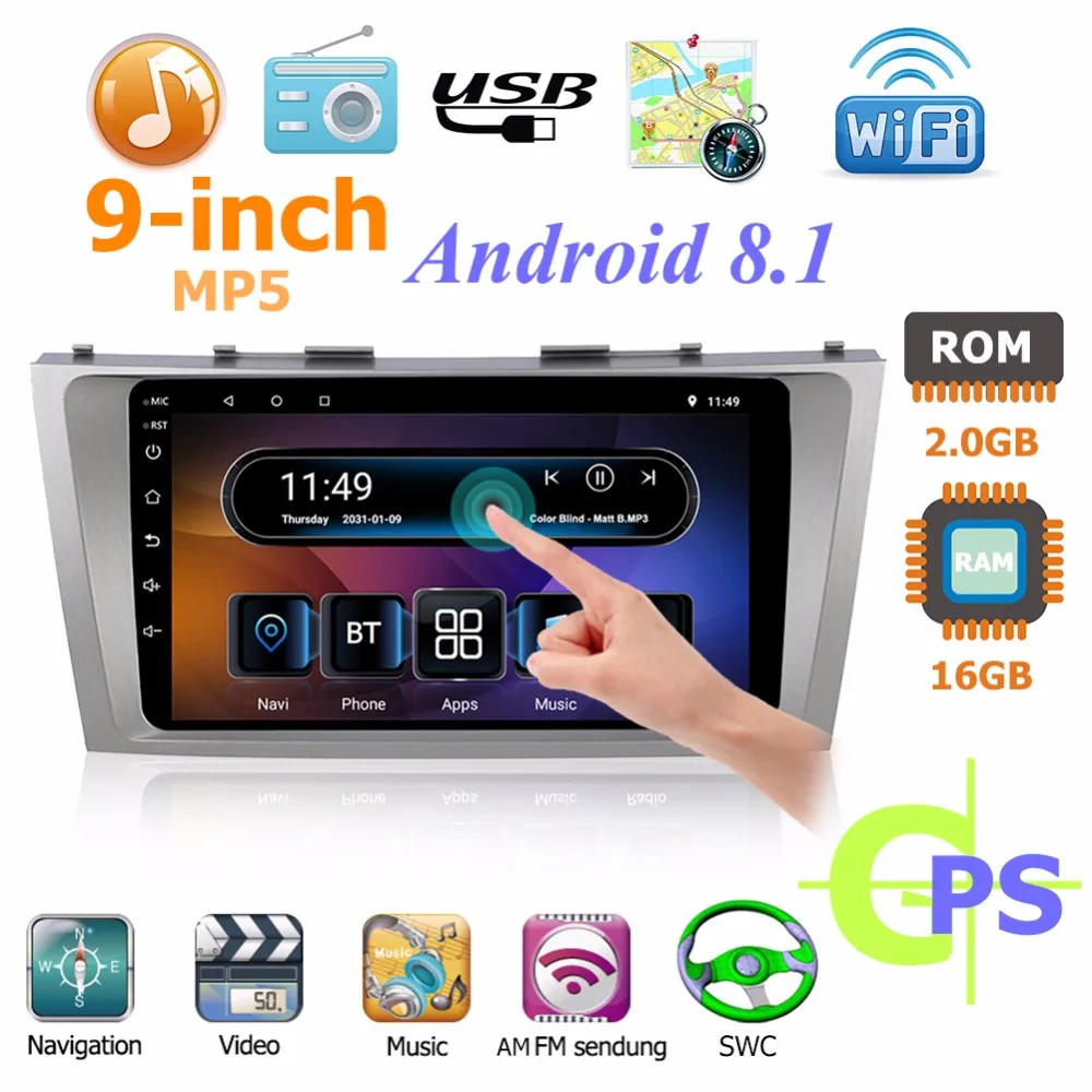 

9 Inch Touch Screen 2Din Android 8.1 Octa Core Car MP5 Player GPS Navi AM FM Bluetooth Radio WiFi Auto Media for Toyota Camry