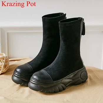 

superstar flock round toe high heels women mid-calf boots thick bottom fashion strech boots platform keep warm winter shoes L00