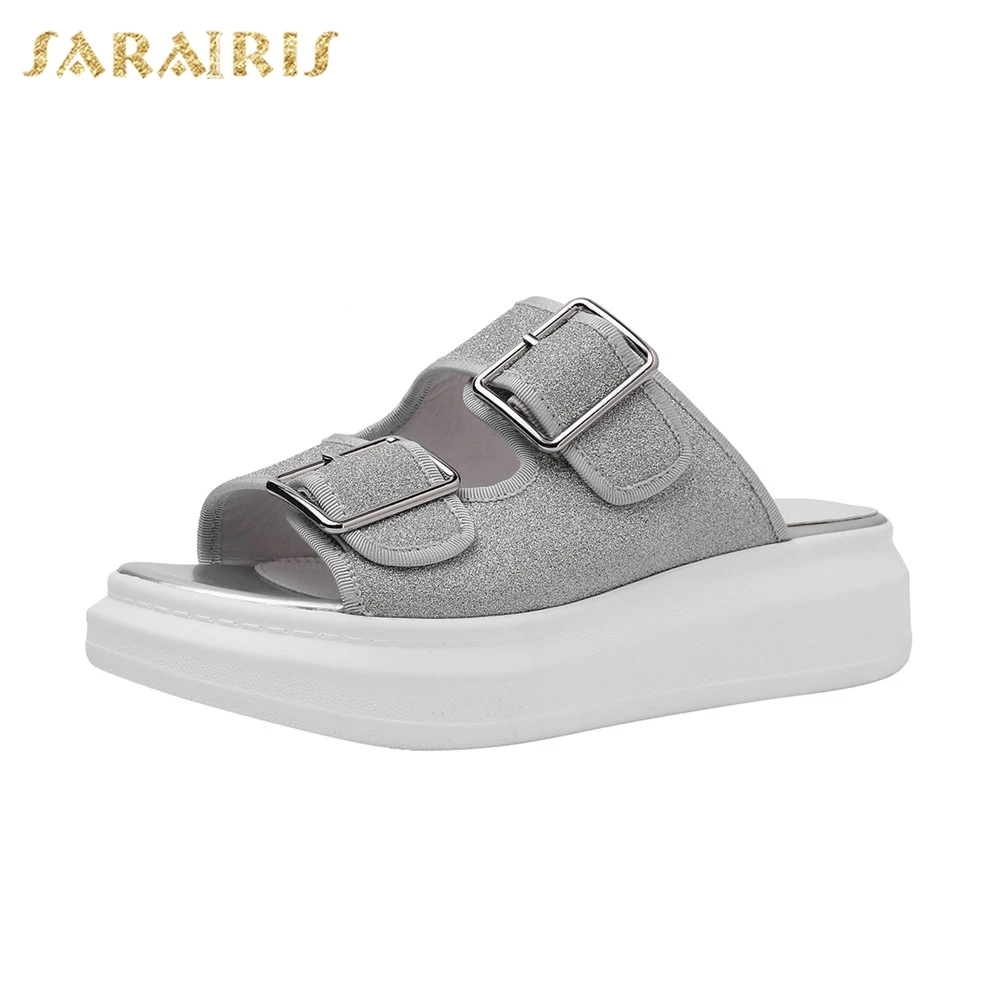 

Sarairis Brand New Fashion Ladies Med Heels Belt Buckle Bling Flat Platform Shoes Woman Casual Outside Summer Slippers