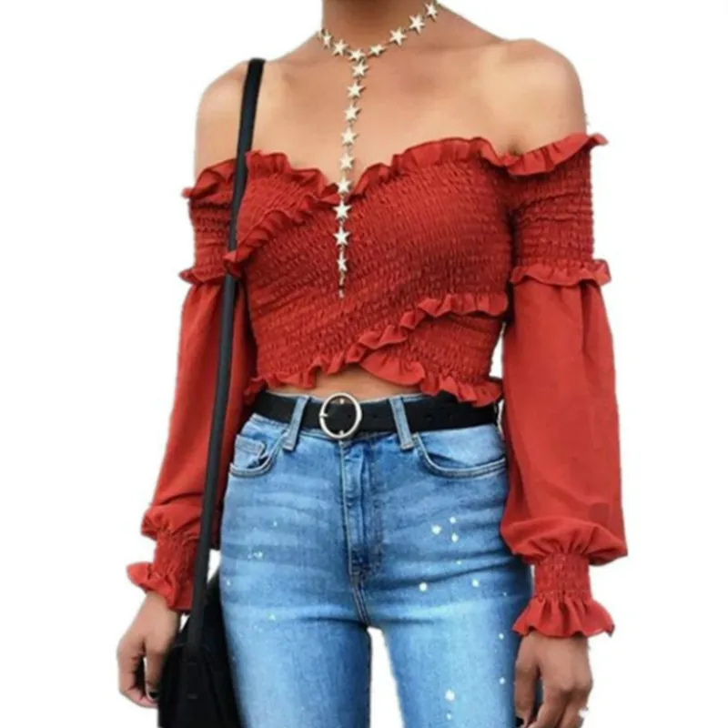 

Sexy Off Shoulder Chiffon Blouse Slash Neck Shirt High Waist Women Cross Lantern Sleeve Pleated Slim Long Sleeve Women Tops 2018