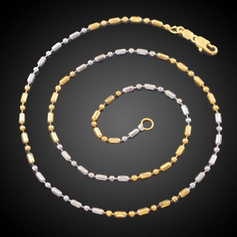 Yellow White Mixed Gold Color Beads Chain Necklace 2mm Wide