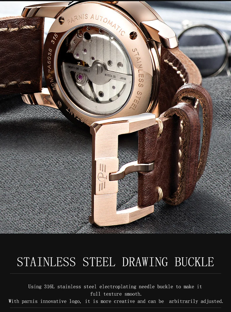 38 мм Parnis повседневные часы мужские стильные механические часы из натуральной кожи сапфировое серебро розовое золото мужские автоматические наручные часы