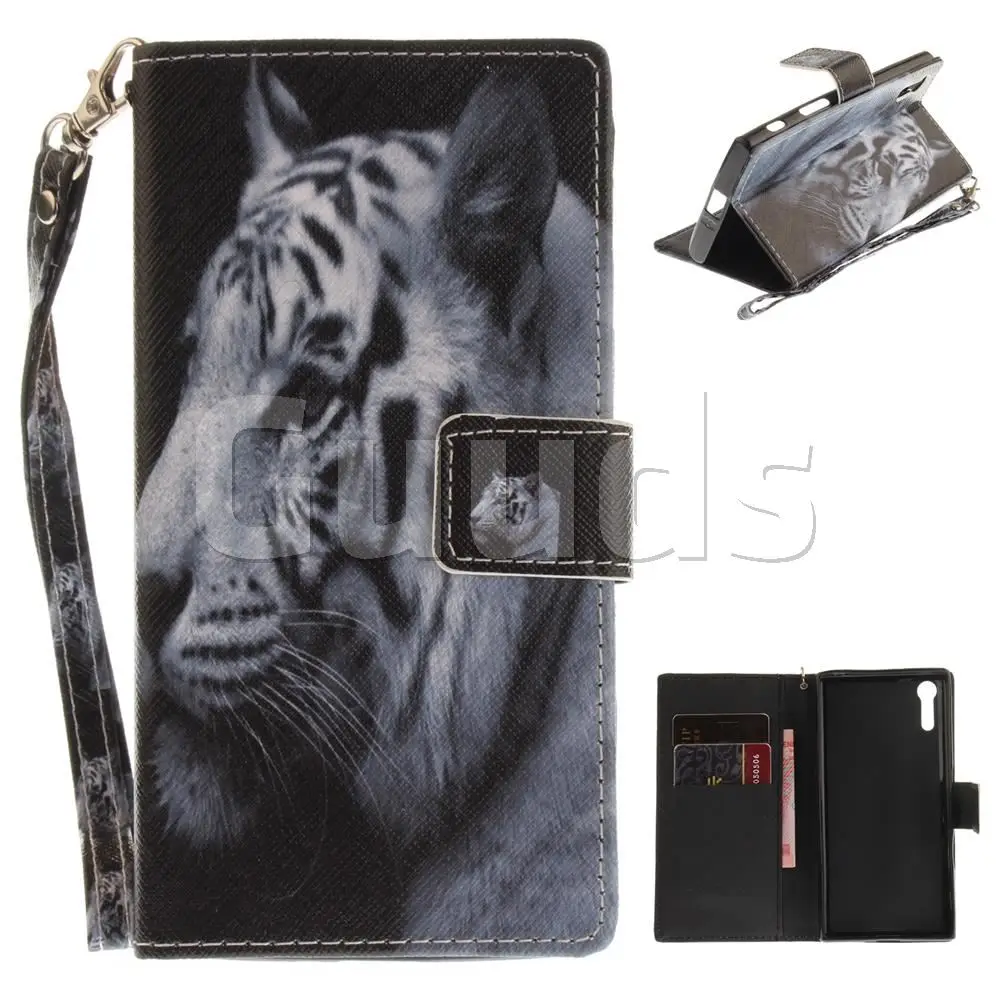 White Tiger Hand Strap Leather Wallet Case for Sony Xperia XZ