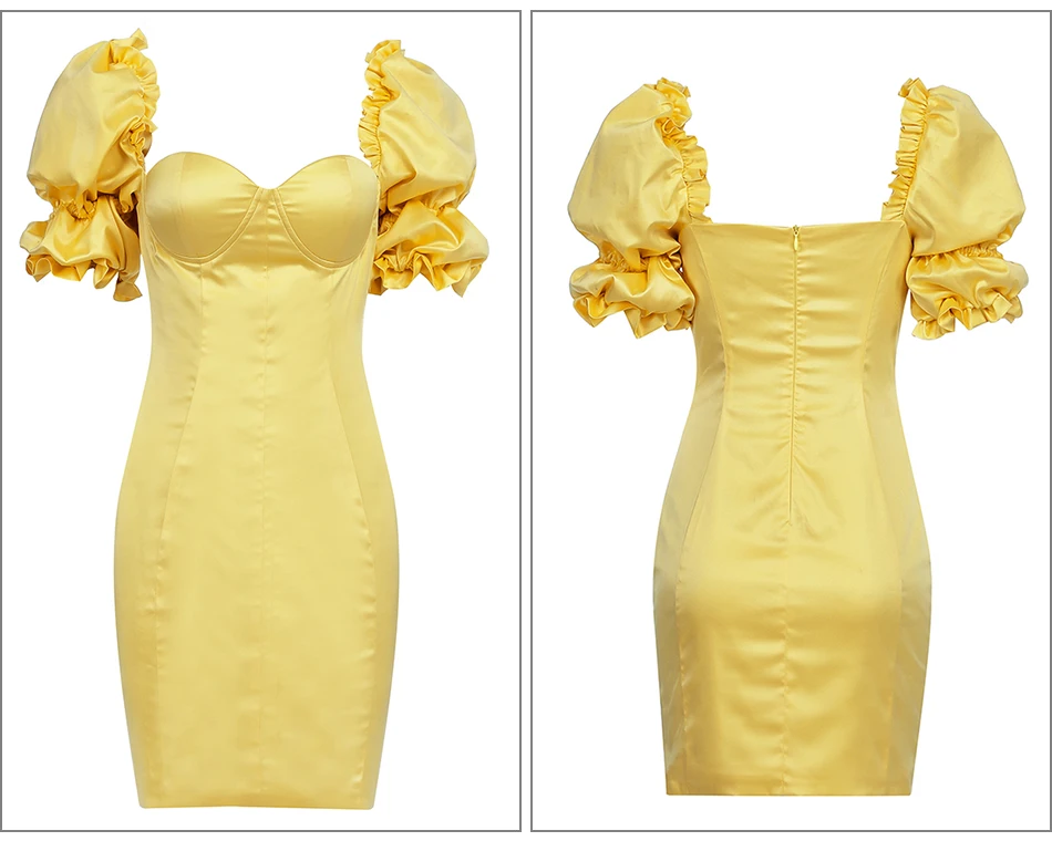2019 ЛЕТО Новое Женское модное сексуальное платье с пышными рукавами гофрированное облегающее мини-платье желтое ретро с коротким рукавом