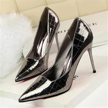 

new arrival 2019 gold shoes patent leather silver heels bigtree shoes stiletto office shoes women fetish high heels ayakkabi