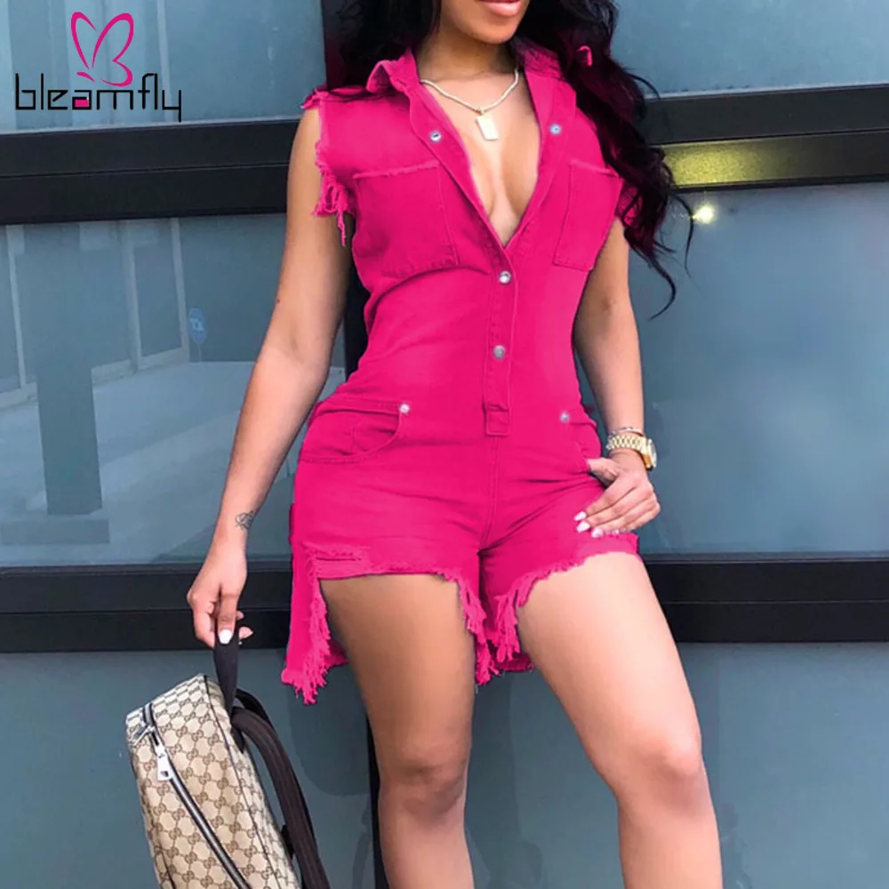 

2019 Summer Denim Jeans Playsuit Asymmetrical Turn Down Collar Women Short Jumpsuit Button Sleeveless Rompers Bodycon Overall