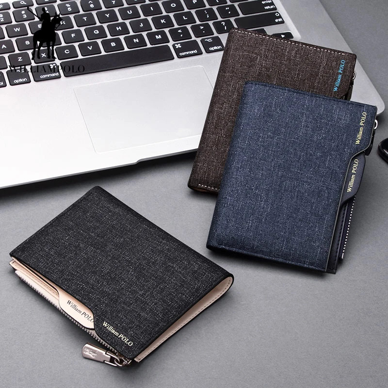 

WILLIAMPOLO Men Wallet card id holders coin wallet Denim Fashion Casual Driver License with Zipper 2019 New Design Luxury Brand