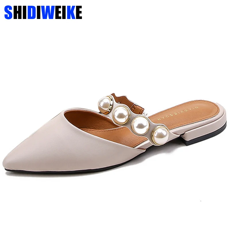 Bout Beige Chaussures Perle Sur Marque Sandales Mules Pantoufles 2019 Casual Faible Talon noir Pointu Carré Diapositives Slip N675 Femmes T47nq1wFR