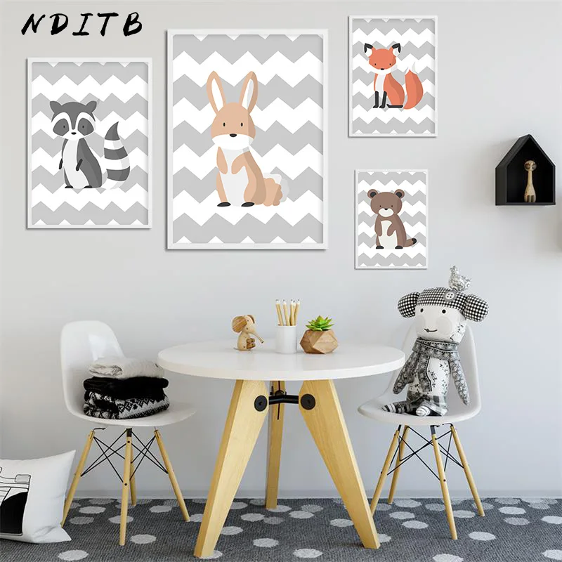 

NDITB Forest Animal Squirrel Bear Canvas Art Painting Cartoon Nursery Wall Posters and Prints Nordic Kids Decoration Picture