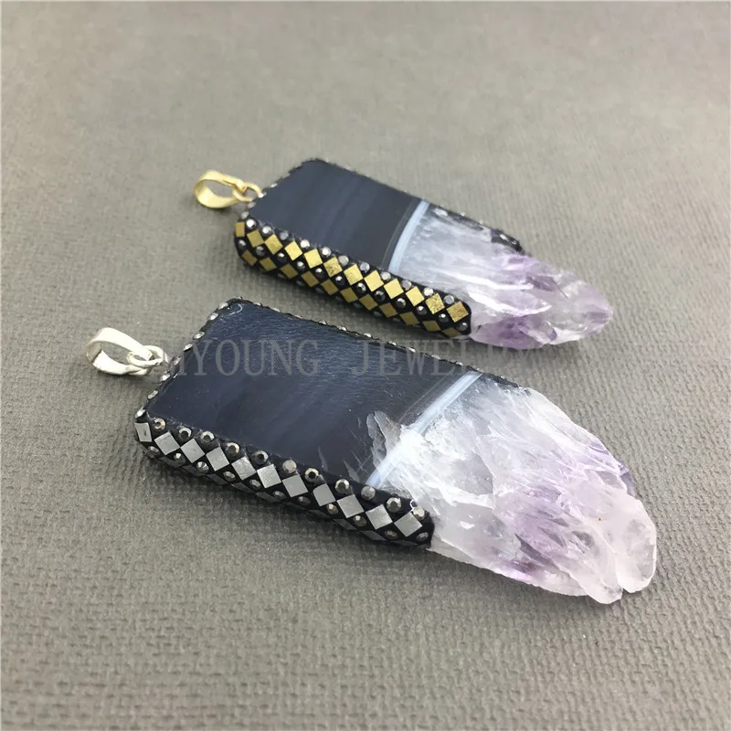 MY1029 Rectangle Amethysts Druzy Pendant Charm Pave Rhinestone Abalone Shell Jewelry Accessories (2)