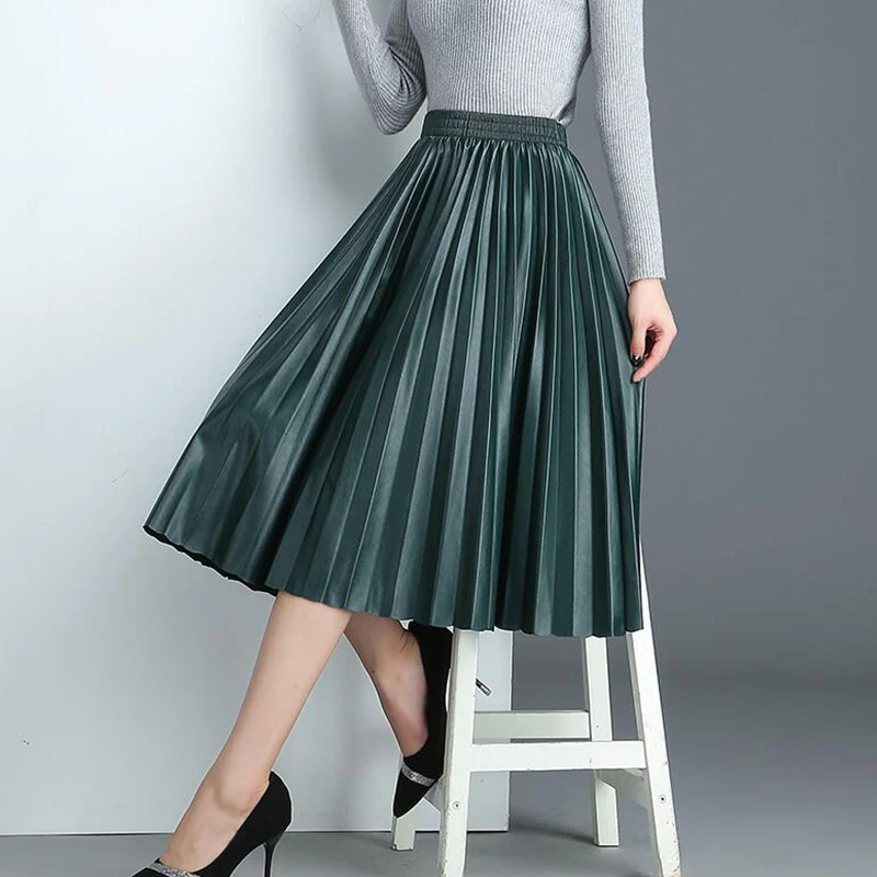 TIGENA Hohe Taille Gefaltete Pu Faux Leder Rock Frauen 2018 Herbst Winter Elegante Midi Lange Röcke Weibliche Schwarz Rot Leder rock