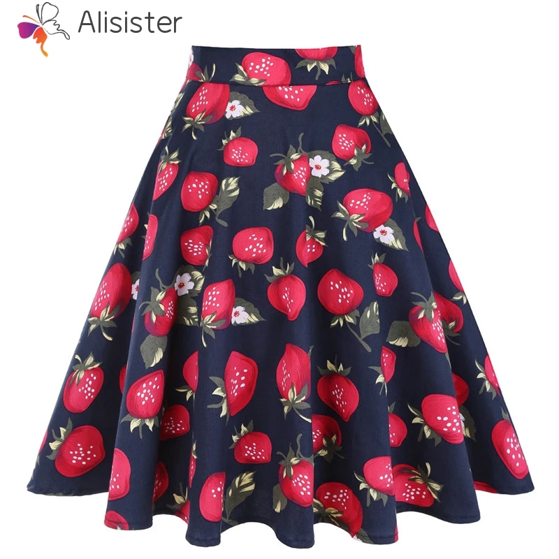 Летние милые Для женщин юбка с рисунком Клубнички принтом трапециевидной формы Высокая талия длина до колена, на молнии; юбка для девочек; Винтаж Повседневное Юбки Плюс Размеры